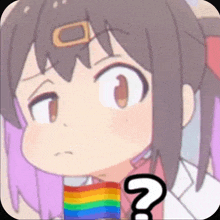 a close up of a cartoon girl holding a rainbow flag and a question mark .