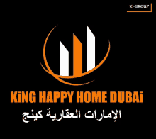 a logo for king happy home dubai in orange and white on a black background