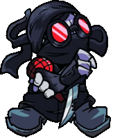 a cartoon character is holding a knife in his hand and wearing goggles .