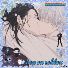a picture of two anime characters kissing with the words hop on roblox
