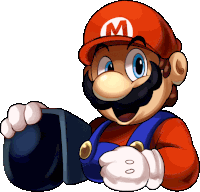 a cartoon drawing of mario wearing a red hat with a white m on it