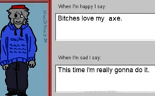 a cartoon of a man wearing a blue hoodie with a caption that says when i 'm happy i say