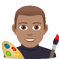 a man holding a palette and a brush with a smiling face