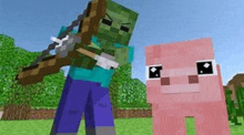 a zombie is holding a bow and arrow next to a pig in minecraft .