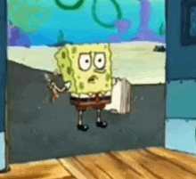 spongebob squarepants is standing in a doorway holding a book .