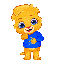 a cartoon lion wearing a blue shirt with a yellow crown on it