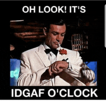 a man in a tuxedo smoking a cigarette and looking at his watch