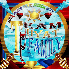 a logo for the team tuyat family with hearts and ice