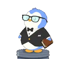 a penguin wearing glasses and a tuxedo is holding a book and pointing to the number 67
