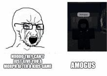 a cartoon of a man crying next to a picture of amongus in a hoodie