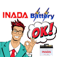 a man in a suit and tie giving an ok sign next to an inada battery