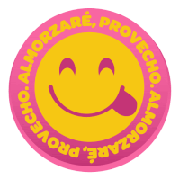 a pink and yellow circle with a smiley face and the words " almorzare proverbio " around it