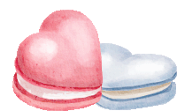 a pink heart shaped macaroon next to a blue heart shaped macaroni