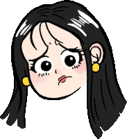 a cartoon drawing of a girl with long black hair making a sad face