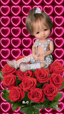 a doll is sitting on a bunch of red roses with the name anita cruz written on the bottom