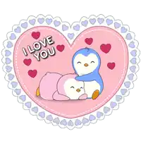 a couple of penguins hugging in a heart with the words i love you on it