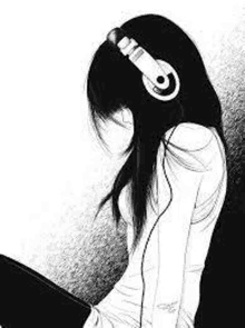 a black and white drawing of a girl with headphones on .