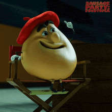 a cartoon character sitting in a director 's chair with the words sausage party foodtopia behind him