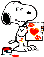 a cartoon of snoopy holding a piece of paper with a heart and paw prints on it