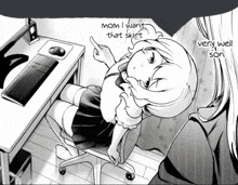 a black and white drawing of a girl sitting in front of a computer with the caption mom i want that skirt very well son