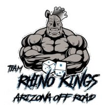 a logo for team rhino kings arizona off road shows a rhino with a crown on his head