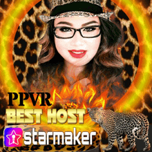 a picture of a woman and a leopard with the words ppvr best host starmaker below it