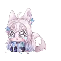 a cartoon drawing of a girl with white hair and a blue flower in her hair