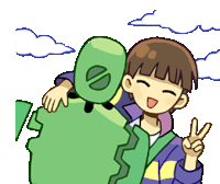 a cartoon of a boy giving a peace sign