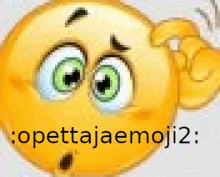 a pixelated image of a yellow smiley face with green eyes and the words " opettajaemoji2 " below it