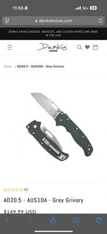 a phone screen shows a grey grivory knife for 1499.99 usd