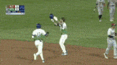 a group of baseball players are running on a field with a scoreboard in the background that says alt 5 hfd 6