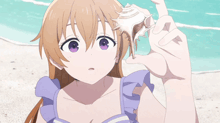 a girl with purple eyes holds a sea shell in her hand