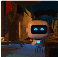 a robot with blue eyes is standing in a dark alleyway