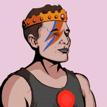 a cartoon drawing of a man wearing a crown and a black tank top