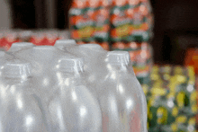 a row of clear plastic bottles with a white cap