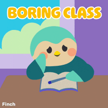 an illustration of a penguin sitting at a desk with the words boring class written above it