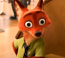 a cartoon fox wearing a green shirt and tie looks at the camera