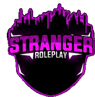 a logo for stranger roleplay with a purple skyline in the background