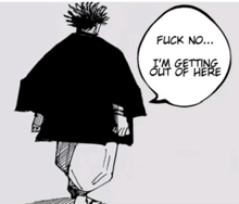 a black and white drawing of a man standing next to a speech bubble that says fuck no