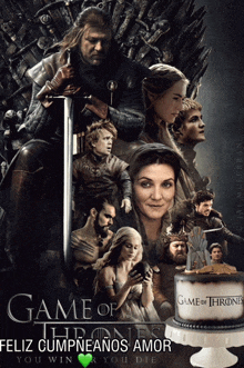 a poster for game of thrones with a cake in front