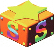 a colorful cube with the letter s on it and a star on top of it .