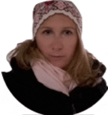 a woman wearing a pink scarf and a hat