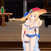 a girl in a bikini and straw hat stands on a wooden floor