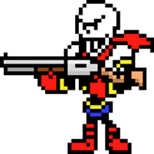 a pixel art of papyrus holding a gun in his hand .