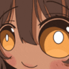 a close up of a cartoon girl 's face with big yellow eyes and a smile .