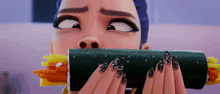 a woman with black nails is holding a roll of food