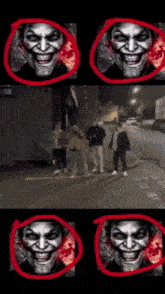 a group of people are standing on a street with a joker face in the center