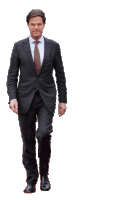 a man in a suit and tie is walking across a white background