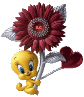 a picture of tweety holding a flower and a heart with the letters a.c.