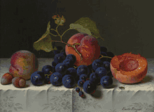 a painting of grapes a peach and a sliced peach by emile proyer